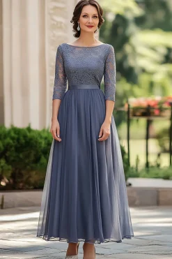 Dusty Blue Scoop Chiffon Lace Meia Manga Mãe do Vestido da Noiva