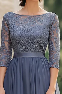 Dusty Blue Scoop Chiffon Lace Meia Manga Mãe do Vestido da Noiva