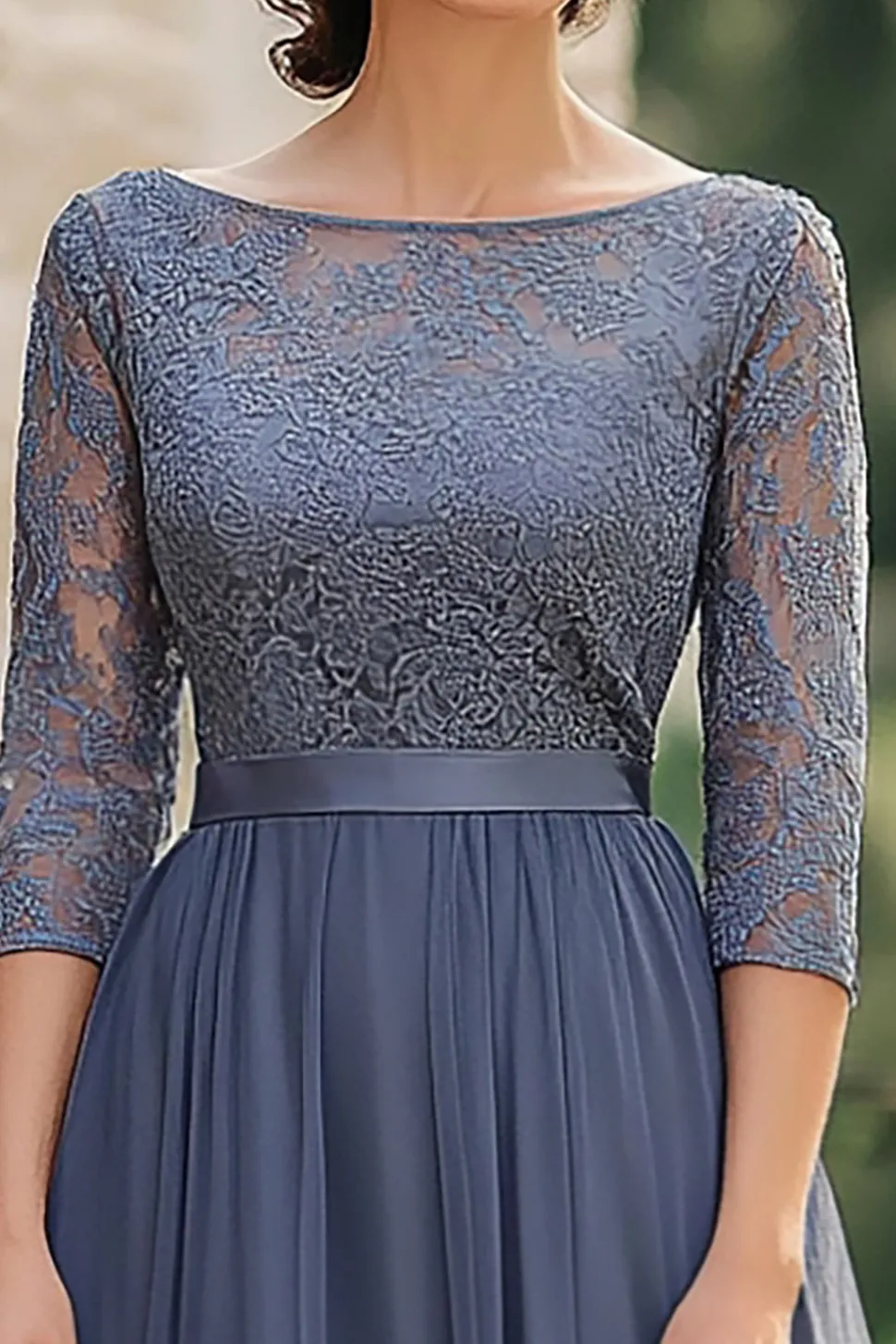 Dusty Blue Scoop Chiffon Lace Meia Manga Mãe do Vestido da Noiva