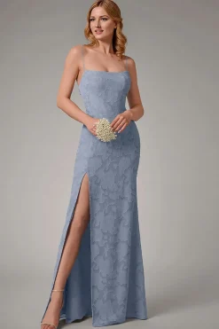 Dusty Blue Sheath Espaghetti Correias Vestido Madrinha com Fenda