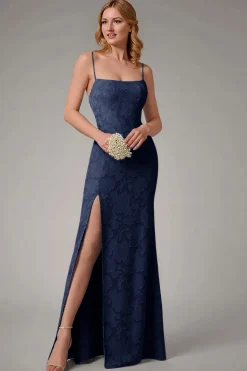 Dusty Blue Sheath Espaghetti Correias Vestido Madrinha com Fenda