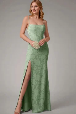 Dusty Blue Sheath Espaghetti Correias Vestido Madrinha com Fenda