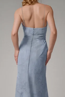 Dusty Blue Sheath Espaghetti Correias Vestido Madrinha com Fenda