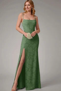 Dusty Blue Sheath Espaghetti Correias Vestido Madrinha com Fenda