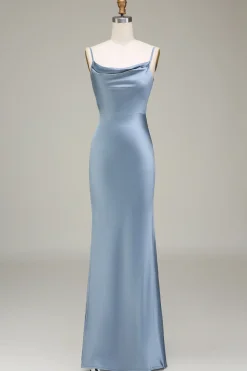 Dusty Blue Sheath Espaghetti Correias Cetim Long Vestido Madrinha