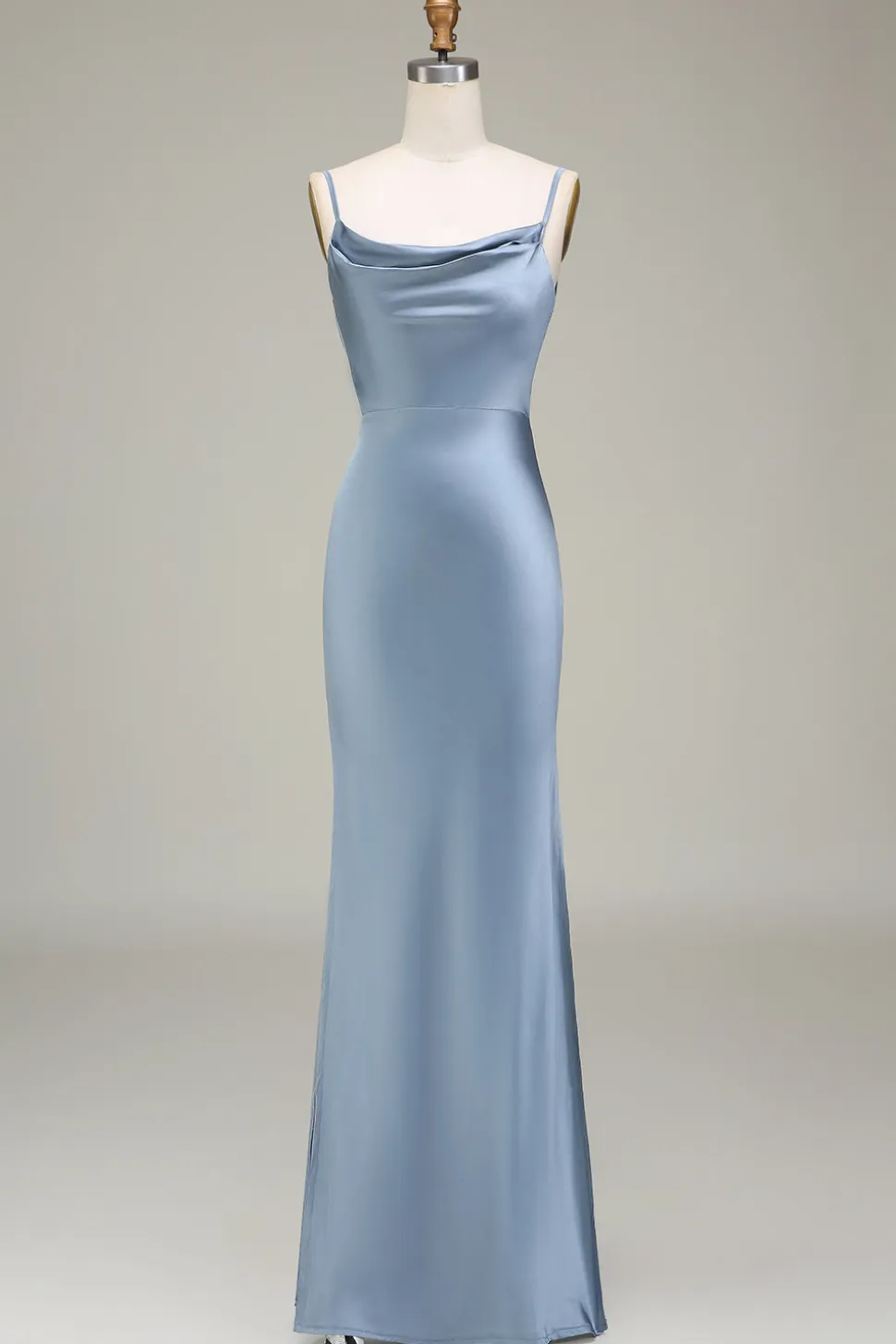 Dusty Blue Sheath Espaghetti Correias Cetim Long Vestido Madrinha
