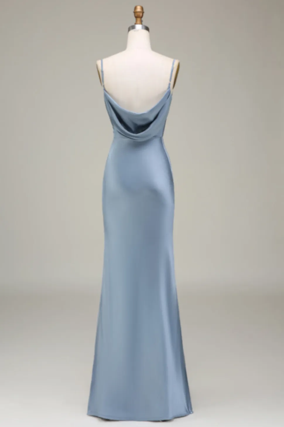 Dusty Blue Sheath Espaghetti Correias Cetim Long Vestido Madrinha