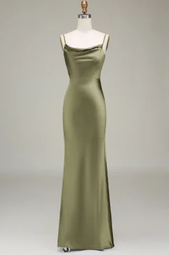 Dusty Blue Sheath Espaghetti Correias Cetim Long Vestido Madrinha
