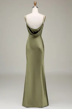 Dusty Blue Sheath Espaghetti Correias Cetim Long Vestido Madrinha