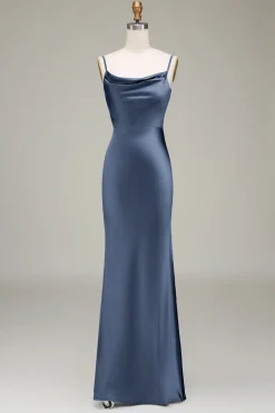 Dusty Blue Sheath Espaghetti Correias Cetim Long Vestido Madrinha