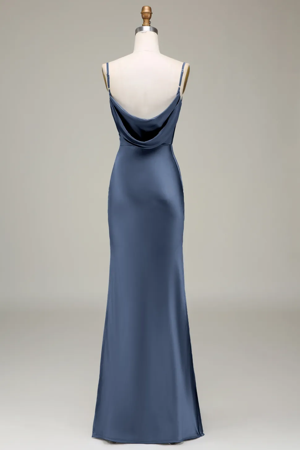 Dusty Blue Sheath Espaghetti Correias Cetim Long Vestido Madrinha
