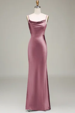 Dusty Blue Sheath Espaghetti Correias Cetim Long Vestido Madrinha