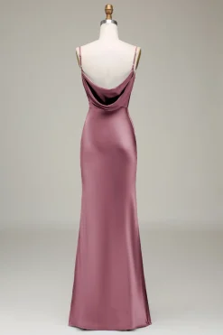 Dusty Blue Sheath Espaghetti Correias Cetim Long Vestido Madrinha