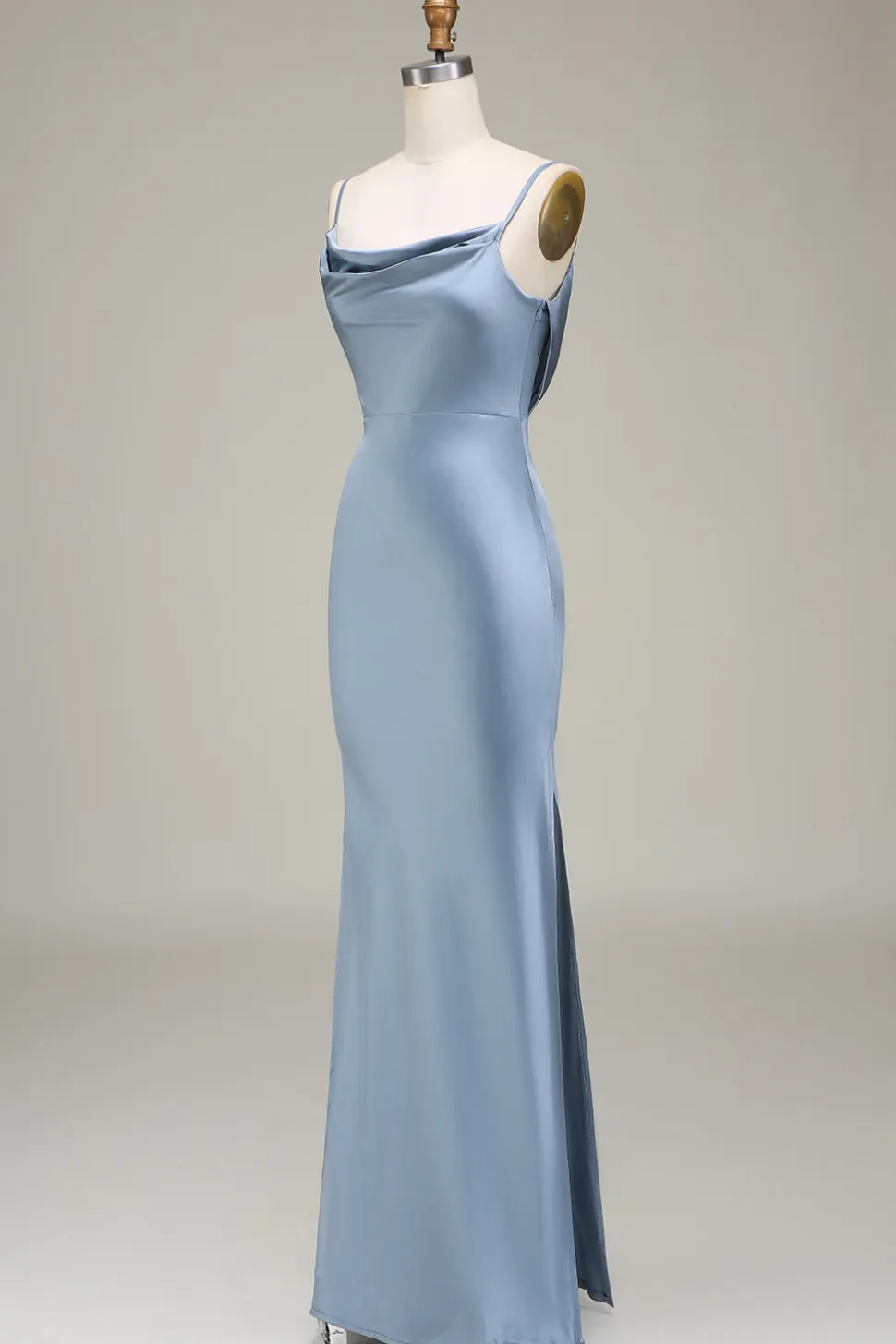 Dusty Blue Sheath Espaghetti Correias Cetim Long Vestido Madrinha