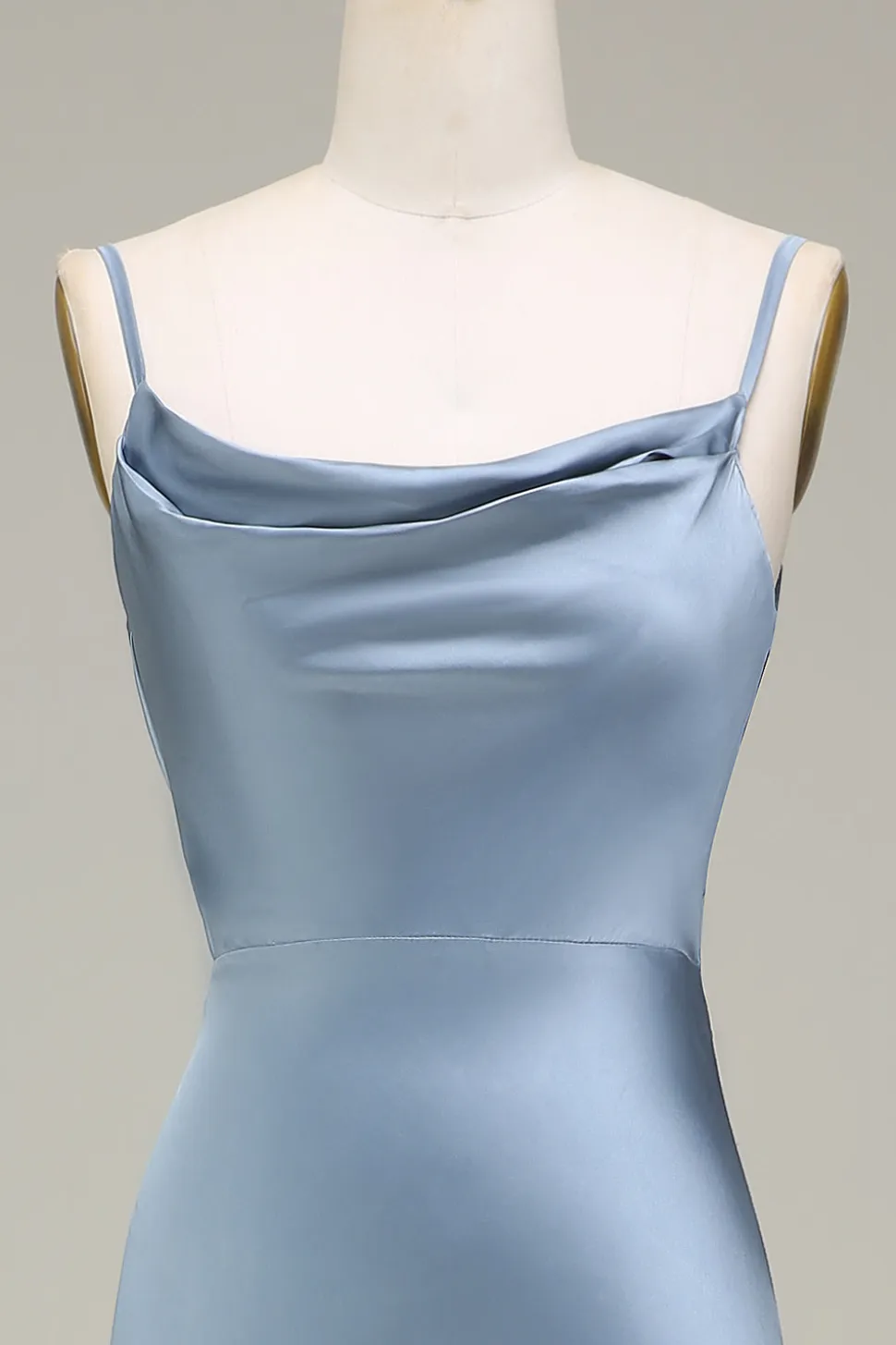 Dusty Blue Sheath Espaghetti Correias Cetim Long Vestido Madrinha