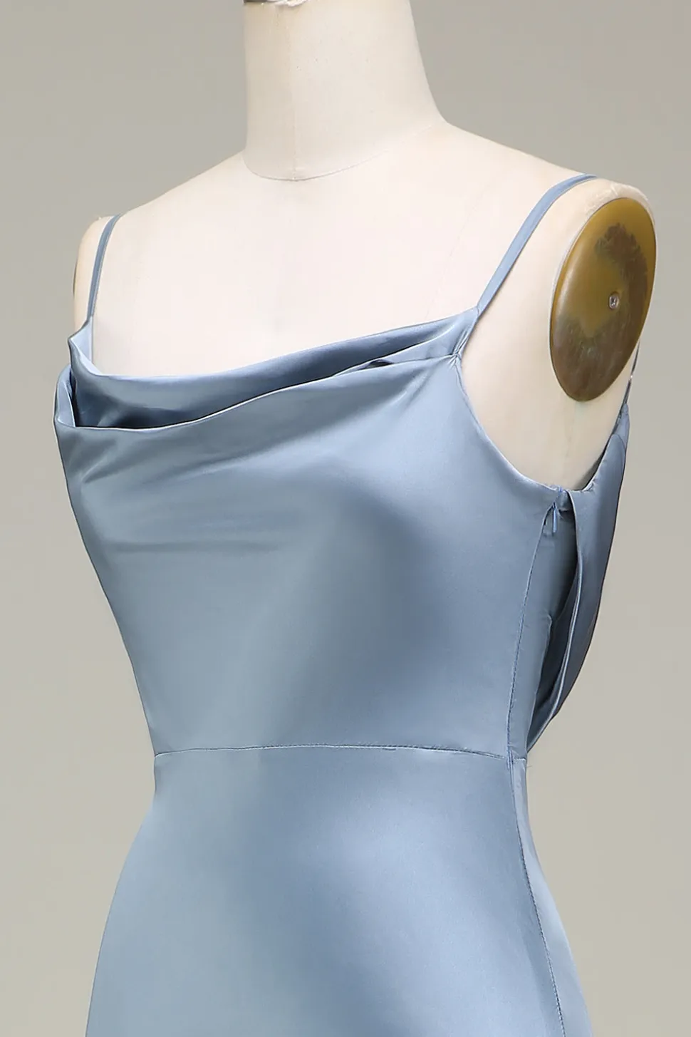 Dusty Blue Sheath Espaghetti Correias Cetim Long Vestido Madrinha