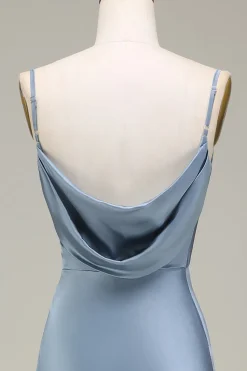 Dusty Blue Sheath Espaghetti Correias Cetim Long Vestido Madrinha