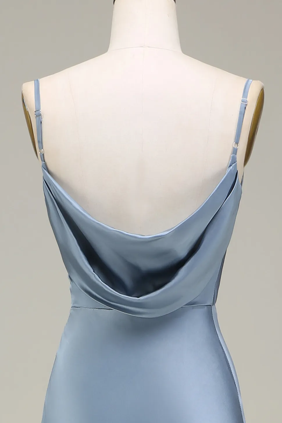 Dusty Blue Sheath Espaghetti Correias Cetim Long Vestido Madrinha