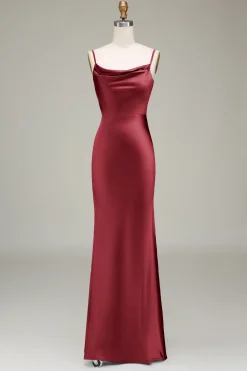 Dusty Blue Sheath Espaghetti Correias Cetim Long Vestido Madrinha