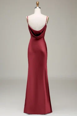 Dusty Blue Sheath Espaghetti Correias Cetim Long Vestido Madrinha
