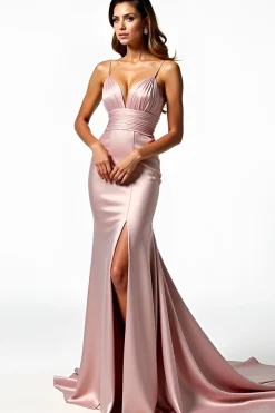 Dusty Rosa Esparguete Correias Sereia Vestido de Baile Plissado com Fenda