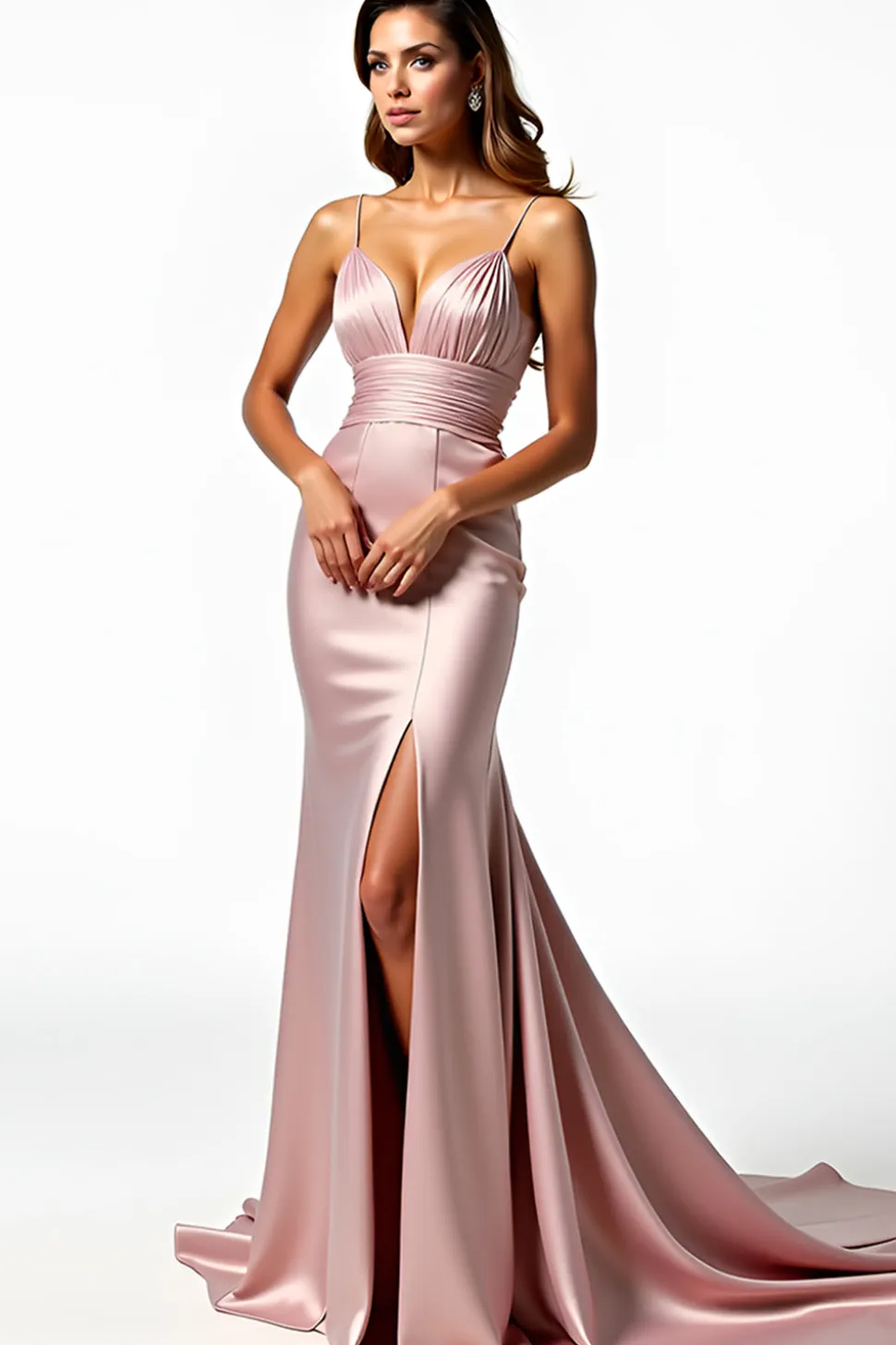 Dusty Rosa Esparguete Correias Sereia Vestido de Baile Plissado com Fenda