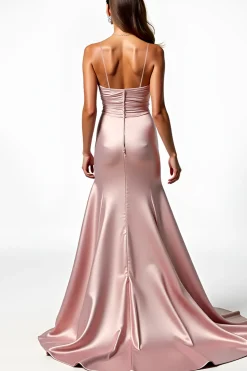 Dusty Rosa Esparguete Correias Sereia Vestido de Baile Plissado com Fenda