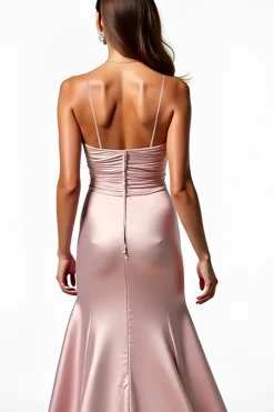 Dusty Rosa Esparguete Correias Sereia Vestido de Baile Plissado com Fenda