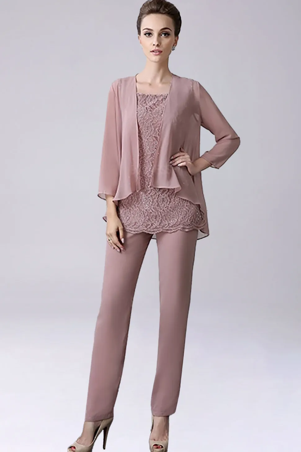 Dusty Rose 3 Peças Chiffon Mãe da Noiva Pant Suits