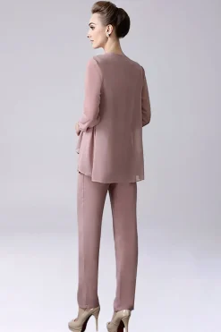 Dusty Rose 3 Peças Chiffon Mãe da Noiva Pant Suits