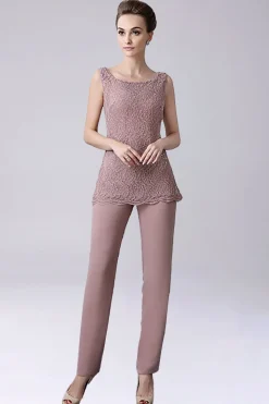 Dusty Rose 3 Peças Chiffon Mãe da Noiva Pant Suits