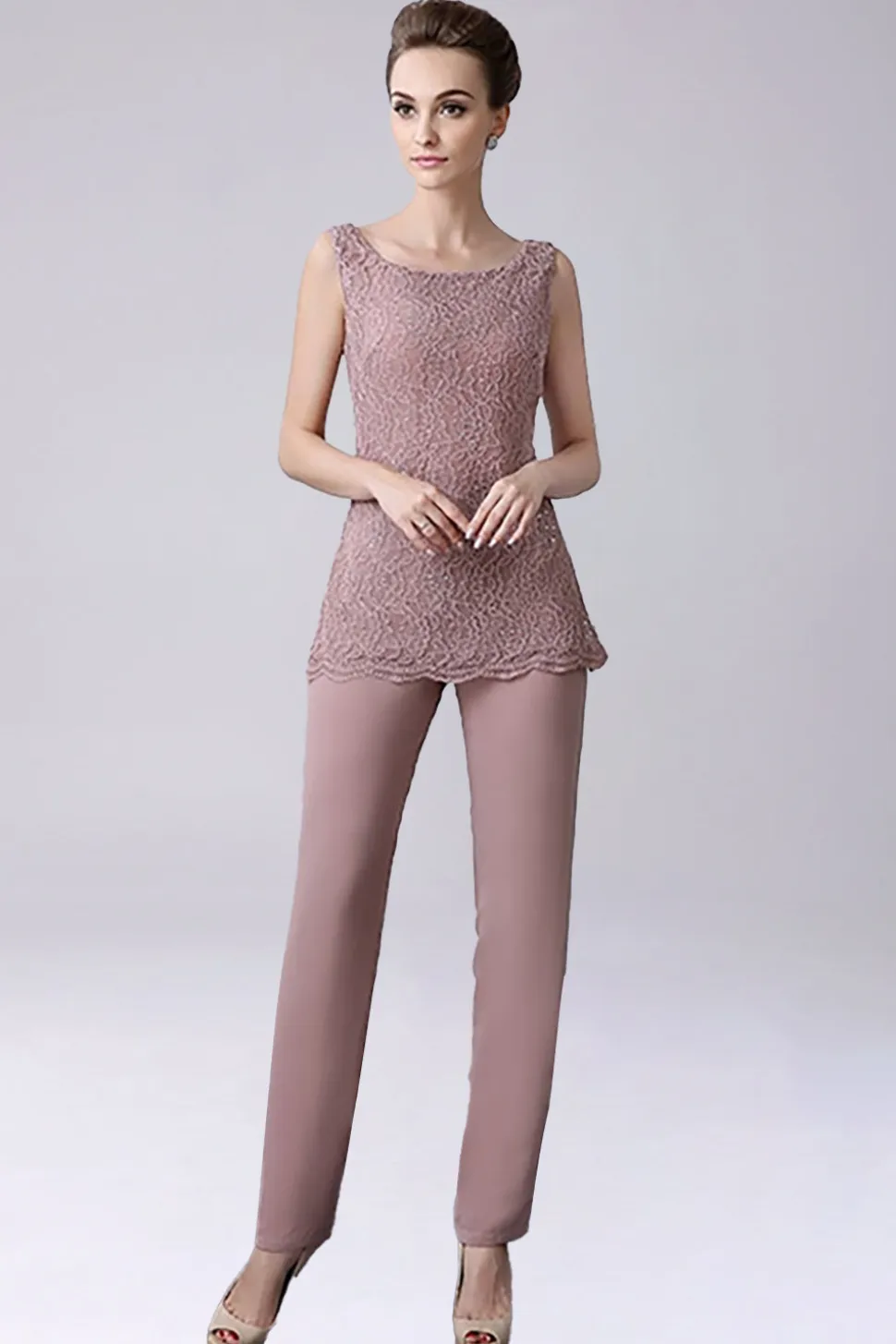 Dusty Rose 3 Peças Chiffon Mãe da Noiva Pant Suits