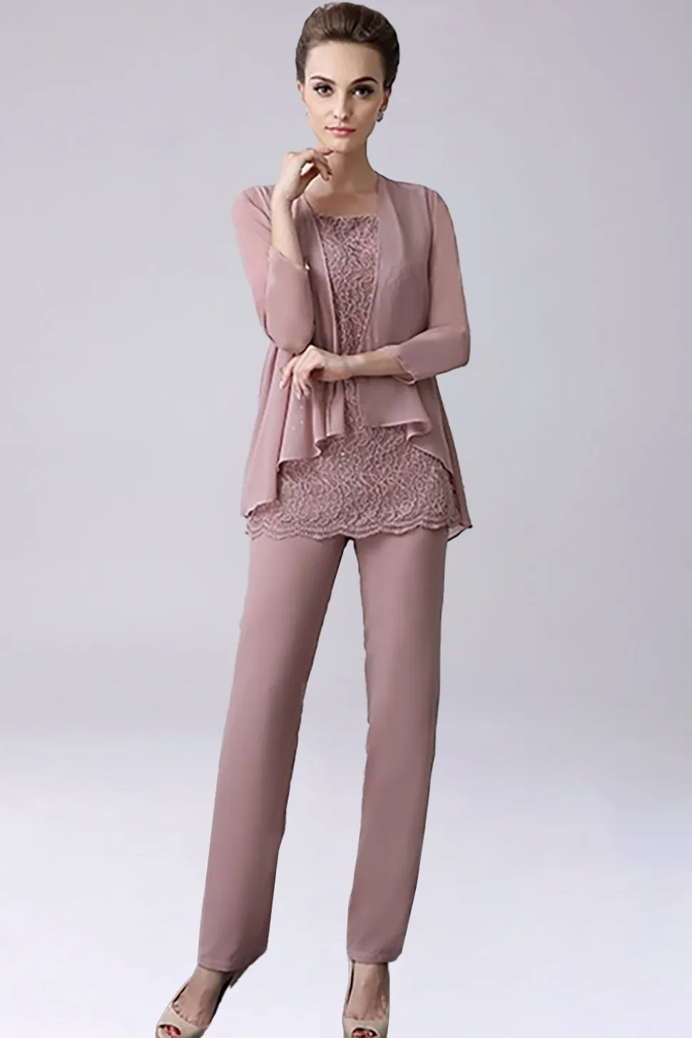Dusty Rose 3 Peças Chiffon Mãe da Noiva Pant Suits