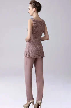 Dusty Rose 3 Peças Chiffon Mãe da Noiva Pant Suits