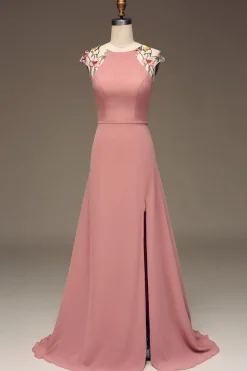 Dusty Rose A-line Chiffon e Bordado Maxi Vestido Madrinha