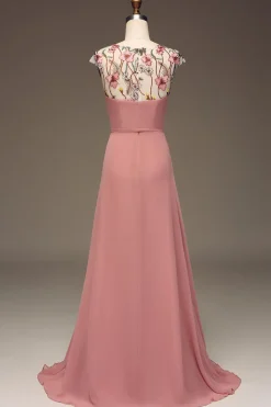 Dusty Rose A-line Chiffon e Bordado Maxi Vestido Madrinha