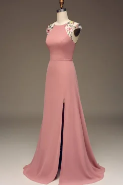 Dusty Rose A-line Chiffon e Bordado Maxi Vestido Madrinha