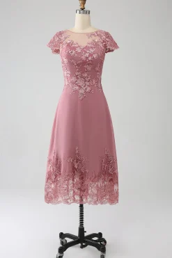 Dusty Rose A-Line Scoop Ilusão Tea-Length Mãe do vestido de noiva com lantejoulas