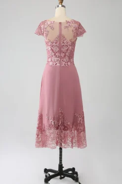 Dusty Rose A-Line Scoop Ilusão Tea-Length Mãe do vestido de noiva com lantejoulas