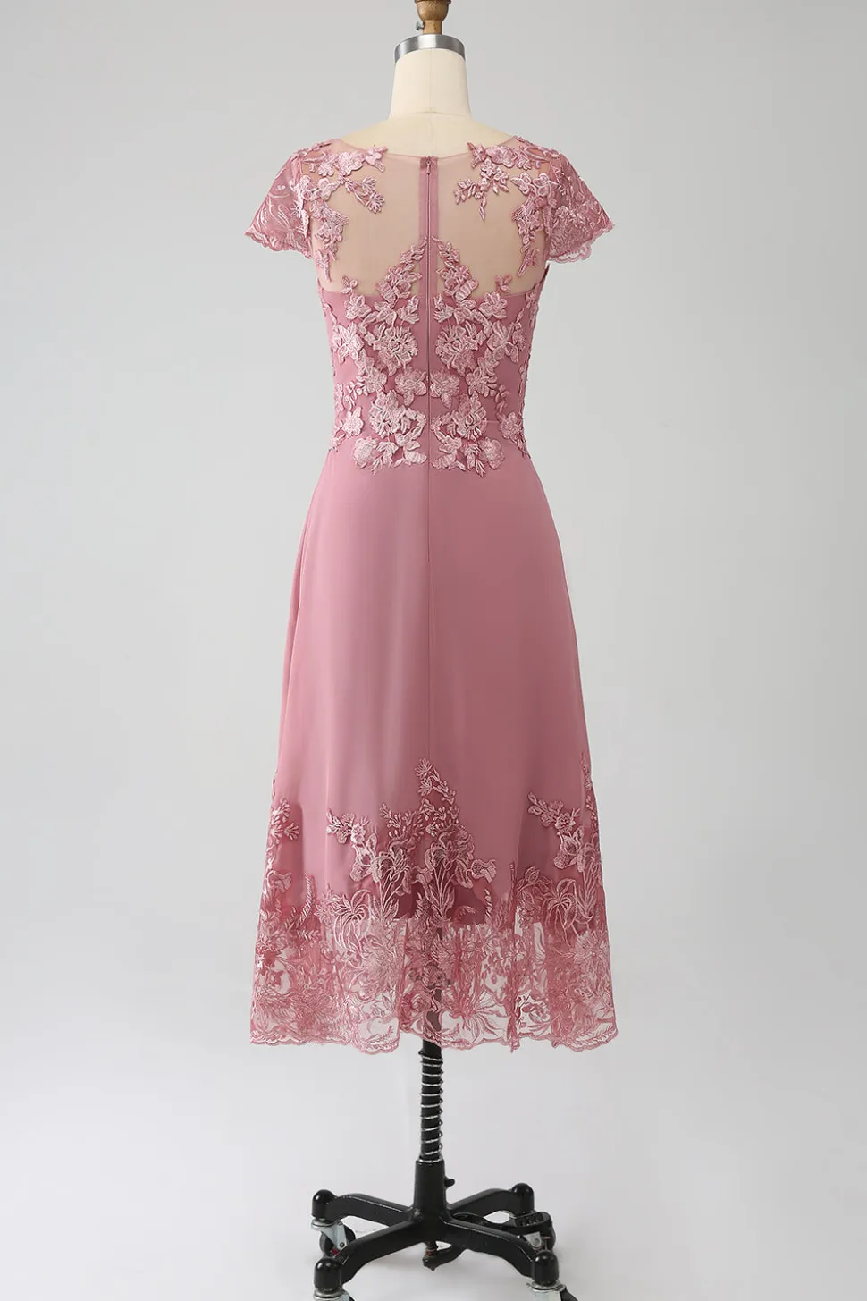 Dusty Rose A-Line Scoop Ilusão Tea-Length Mãe do vestido de noiva com lantejoulas