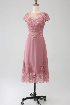 Dusty Rose A-Line Scoop Ilusão Tea-Length Mãe do vestido de noiva com lantejoulas