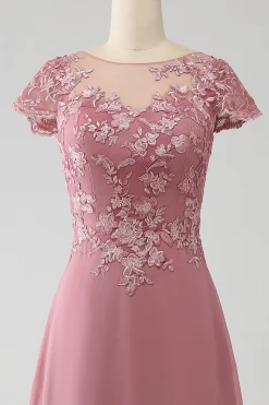 Dusty Rose A-Line Scoop Ilusão Tea-Length Mãe do vestido de noiva com lantejoulas