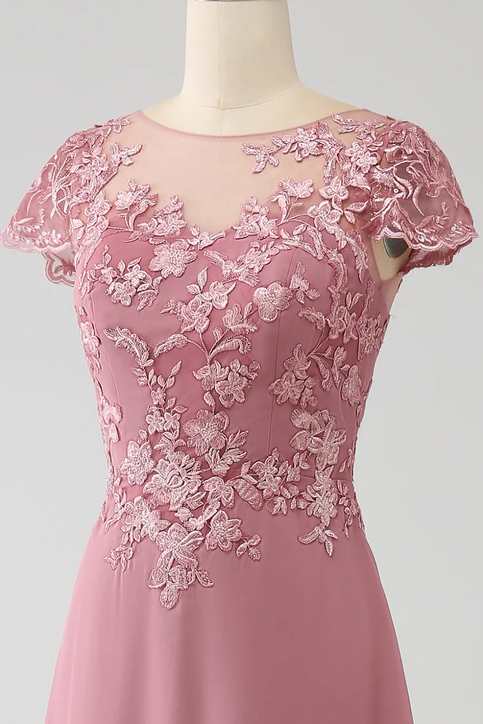 Dusty Rose A-Line Scoop Ilusão Tea-Length Mãe do vestido de noiva com lantejoulas