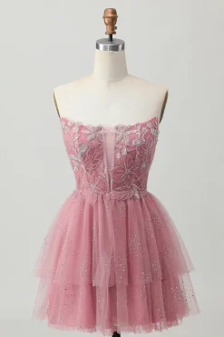 Dusty Rose A-Line Strapless Tiered Tulle Vestido Curto Homecoming com Missangas