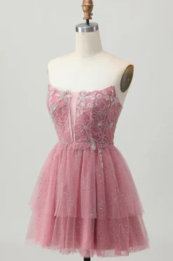 Dusty Rose A-Line Strapless Tiered Tulle Vestido Curto Homecoming com Missangas
