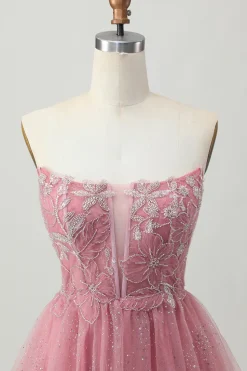 Dusty Rose A-Line Strapless Tiered Tulle Vestido Curto Homecoming com Missangas