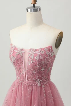 Dusty Rose A-Line Strapless Tiered Tulle Vestido Curto Homecoming com Missangas