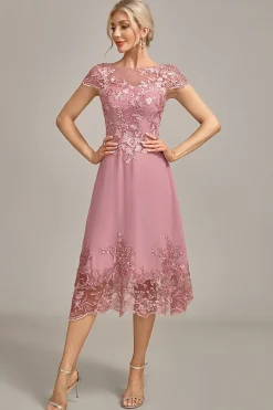 Dusty Rose A-Line Tea-Length Mãe do vestido de noiva com lantejoulas