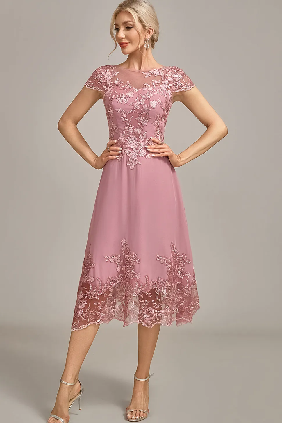 Dusty Rose A-Line Tea-Length Mãe do vestido de noiva com lantejoulas