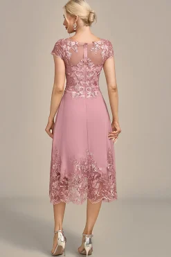 Dusty Rose A-Line Tea-Length Mãe do vestido de noiva com lantejoulas